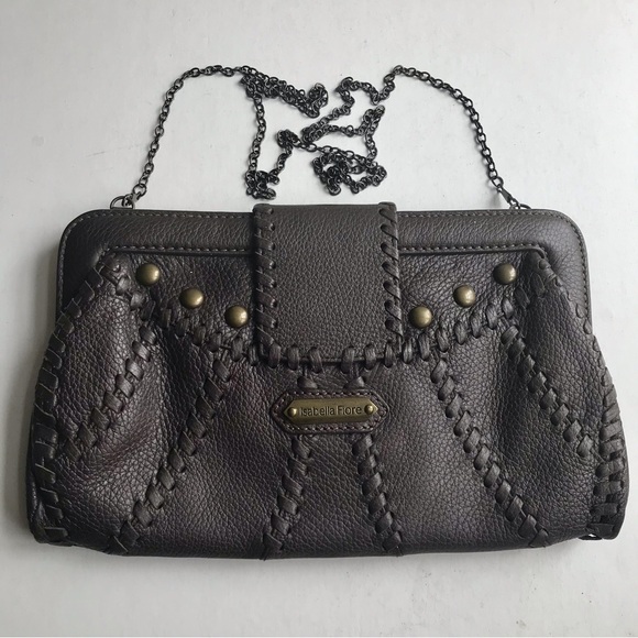 Isabella Fiore Purse Clutch Crossbody Whipstitch Studded Chain - Picture 4 of 5